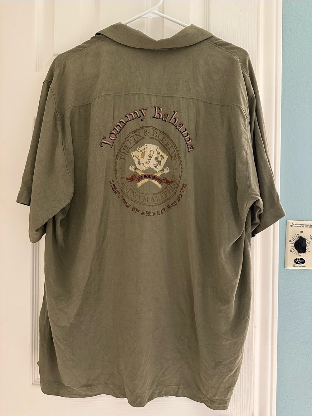 Tommy Bahama Mens 100% Silk Short Sleeve Embroidered Shirt Size L Olive Green